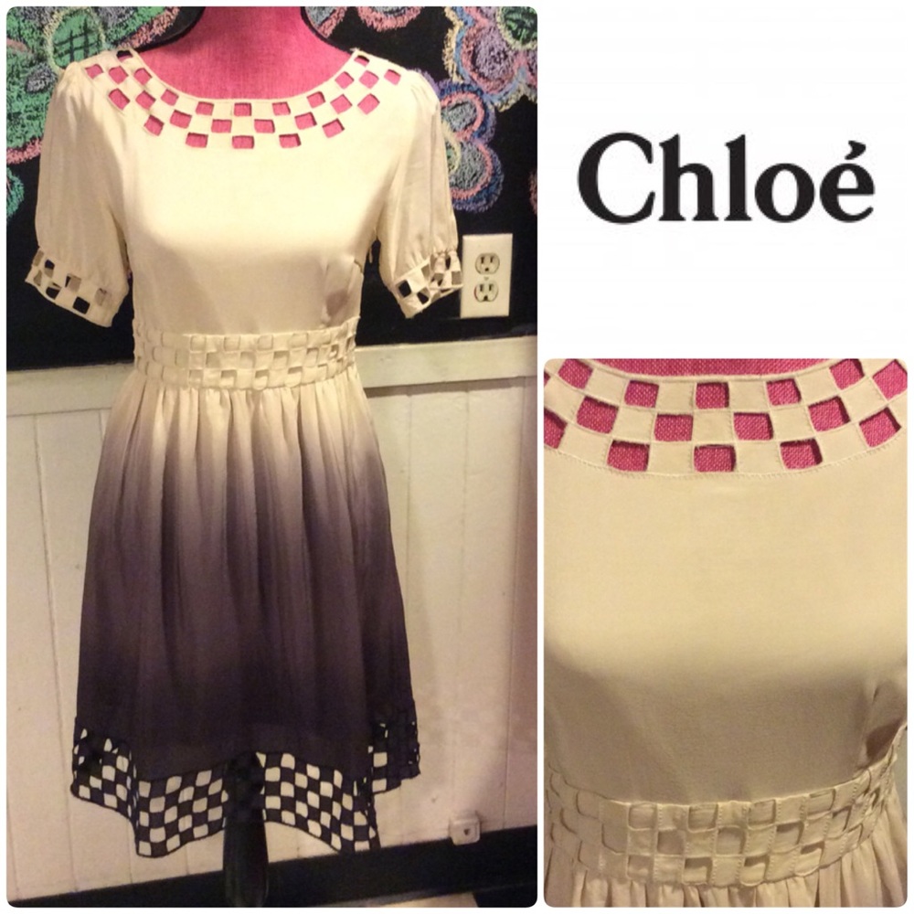 Chloé Cream to Black Ombre Dress with Pink Lattice Trim